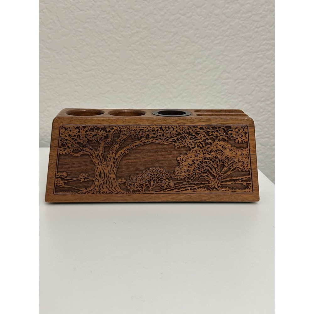 Lasercraft Pen Holder Desk Organizer Wood Oak Tree Vintage 1988 Brown USA Made